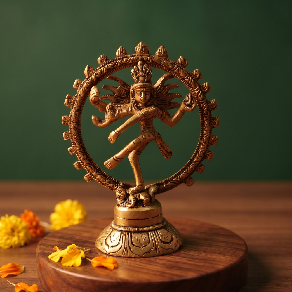 Brass Nataraja idol in a straight front-facing dancing pose within a fire ring, on a wooden platform with marigold flowers, green backdrop.