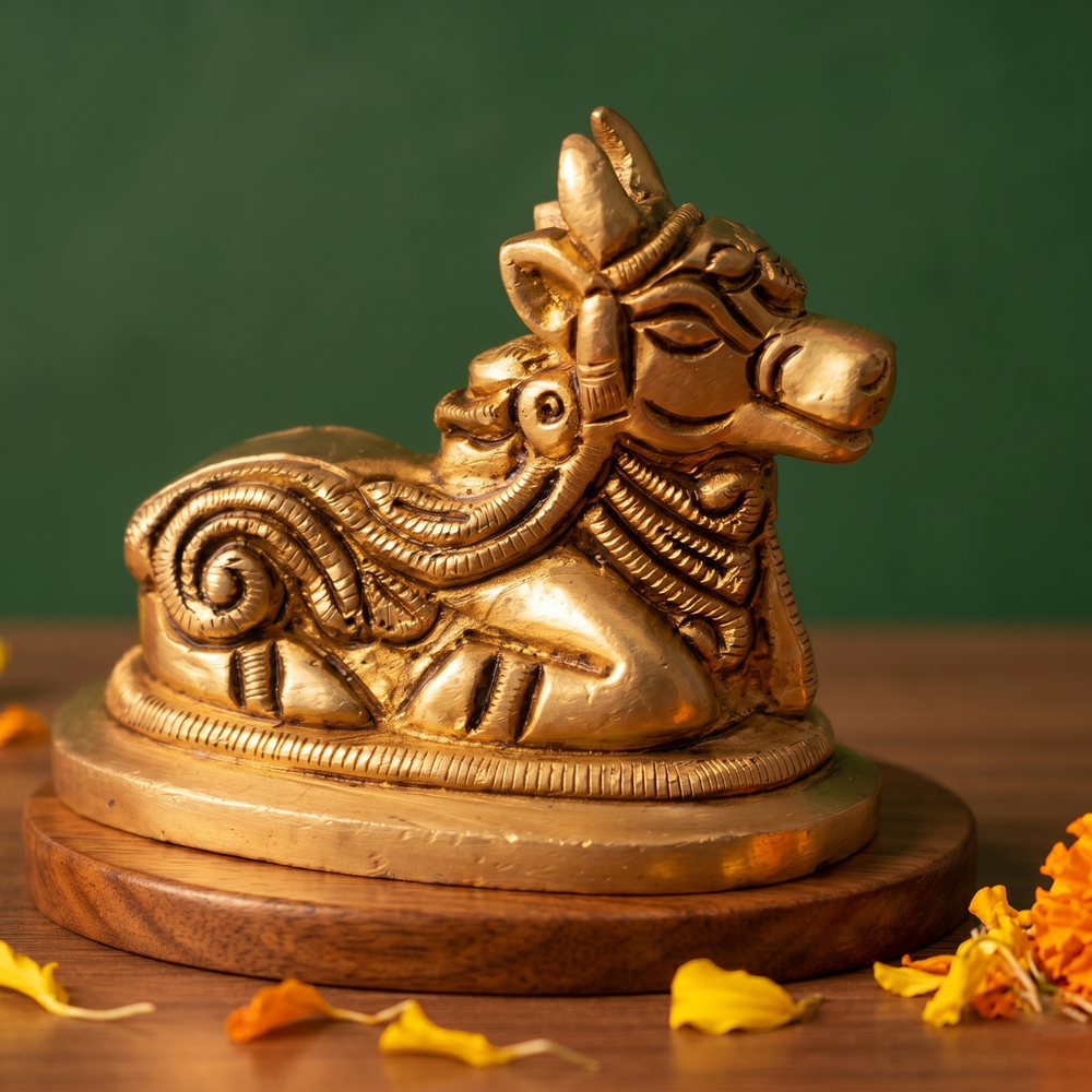 Brass Nandi idol in left side-angle resting pose on a round pedestal, on a wooden platform with marigold petals, green backdrop.
