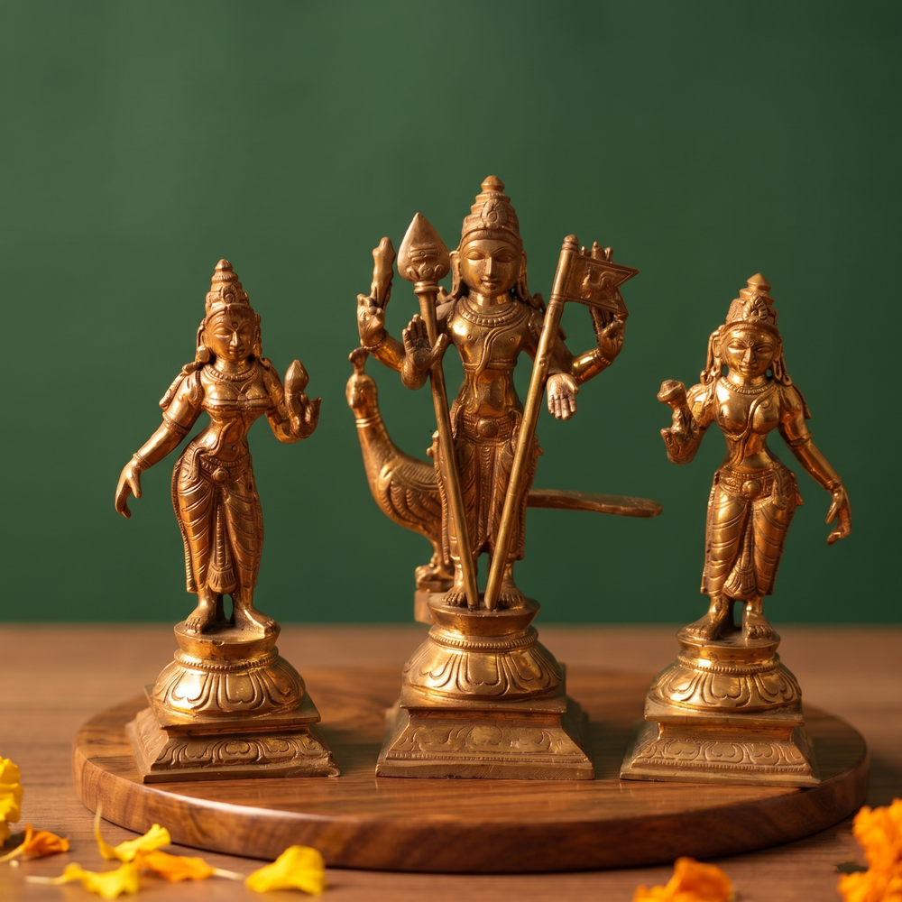 Panchalogam Murugan Set in front view with Valli and Devasena on either side holding vel with peacock on a wooden plate against a green background.