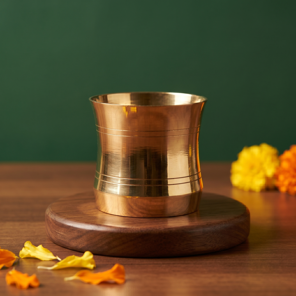 Brass Panchapatra cup alone in close-up front view on a wooden base with marigold flowers and petals around against a green backdrop