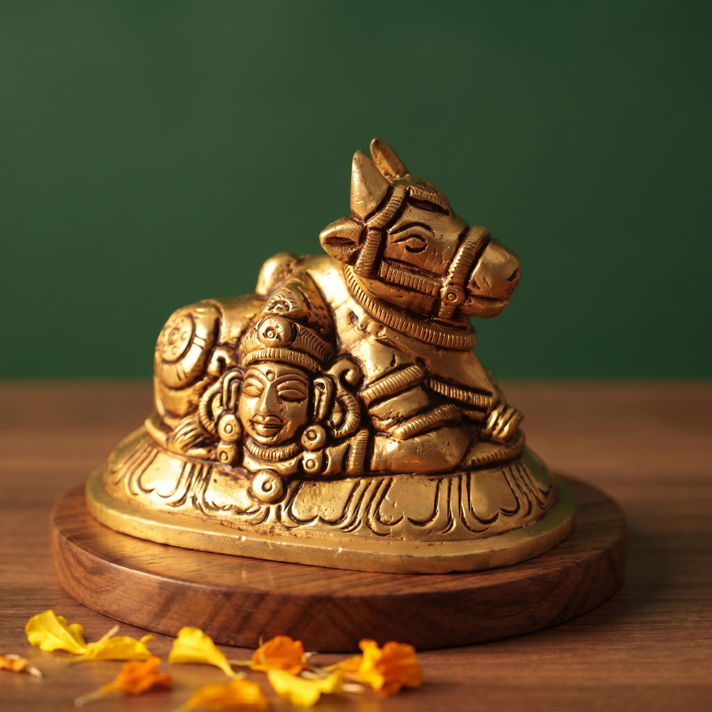 Brass Nandi idol with Shiva face on the left side-angle resting pose, on a wooden platform with marigold petals, green backdrop.
