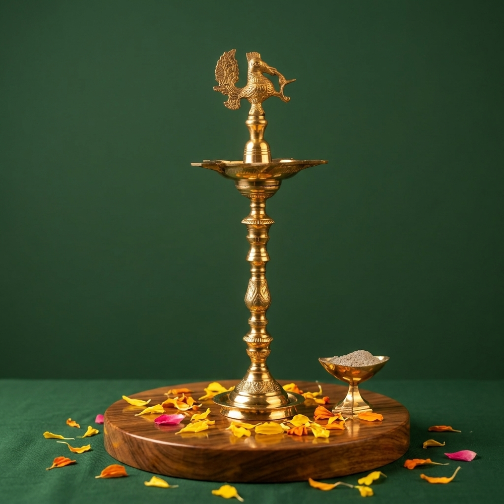 Peacock Kuthu Vilakku with left-facing peacock on top in front view on wooden base with vibhuti-filled diya and petals against green backdrop