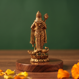 Brass Murugan statue with peacock vahana, viewed from behind, standing on lotus base atop wooden pedestal, green backdrop.