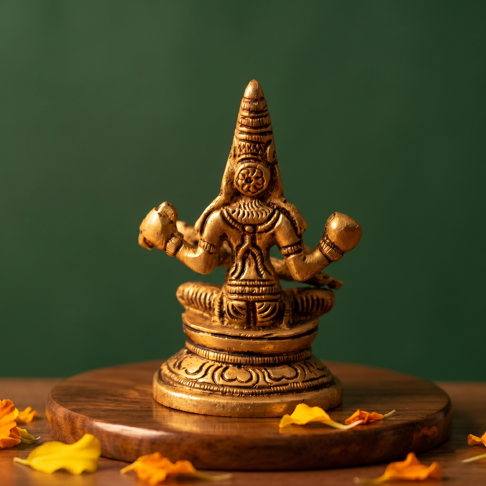 Brass Saraswathi idol, back view seated without veena, on a wooden platform with marigold petals, green backdrop.