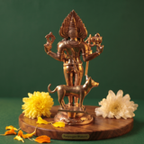 Kala Bhairava idol in back view with dog beneath him on a lotus base with yellow and white flowers on a wooden plate against a green background.