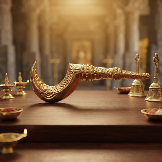 Golden brass Vel displayed on a wooden altar with traditional brass lamps and pooja items in a temple setting.