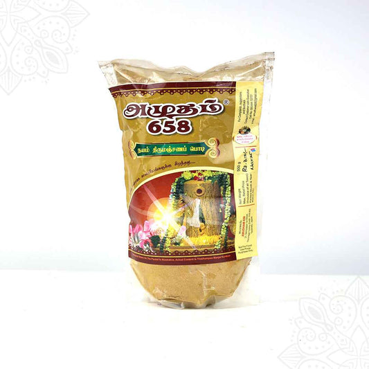 Adigam 658 thirumanjanam abishega powder 1000g pack with Shiva lingam image shown in straight front view against white backdrop.