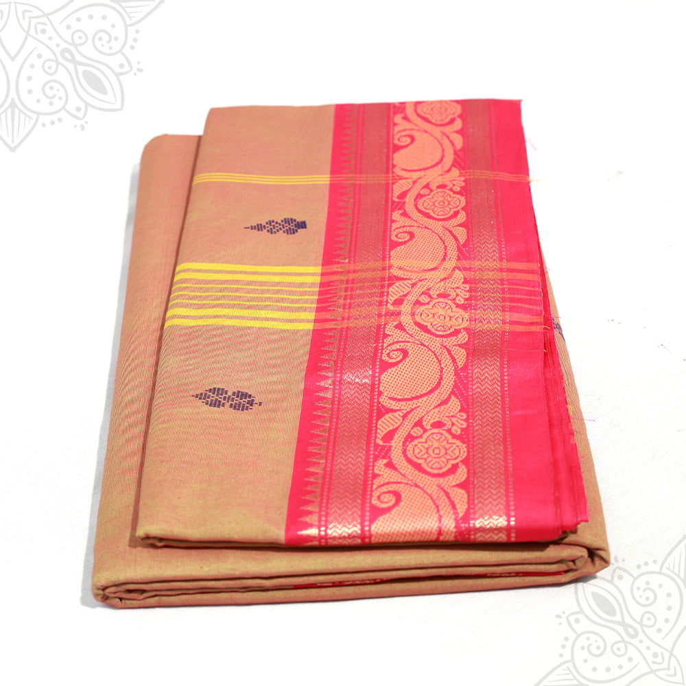 Sandal amman saree pure cotton with red and gold medium border folded neatly side angle view for daily pooja wear