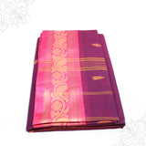 Rose amman saree pure cotton with pink and gold medium border folded neatly side angle view for daily pooja wear