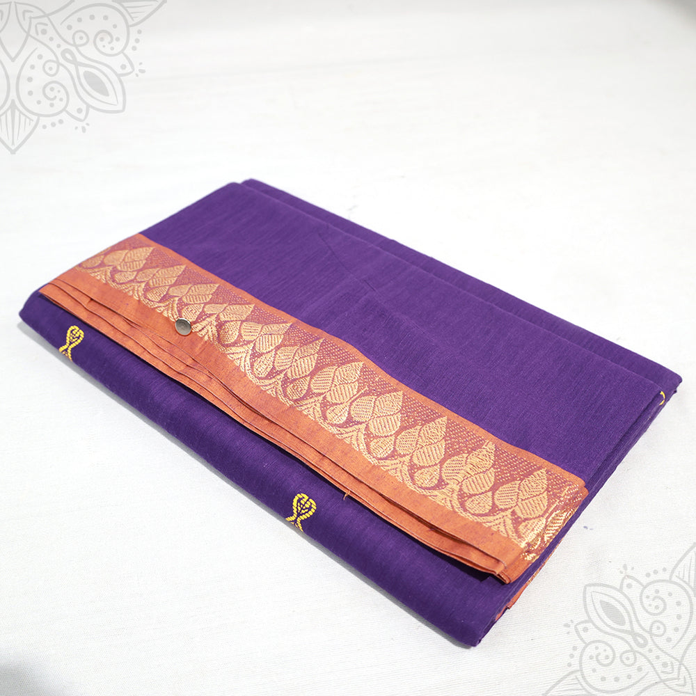 Amman saree pure cotton small border violet with gold leaf design folded view for goddess decoration