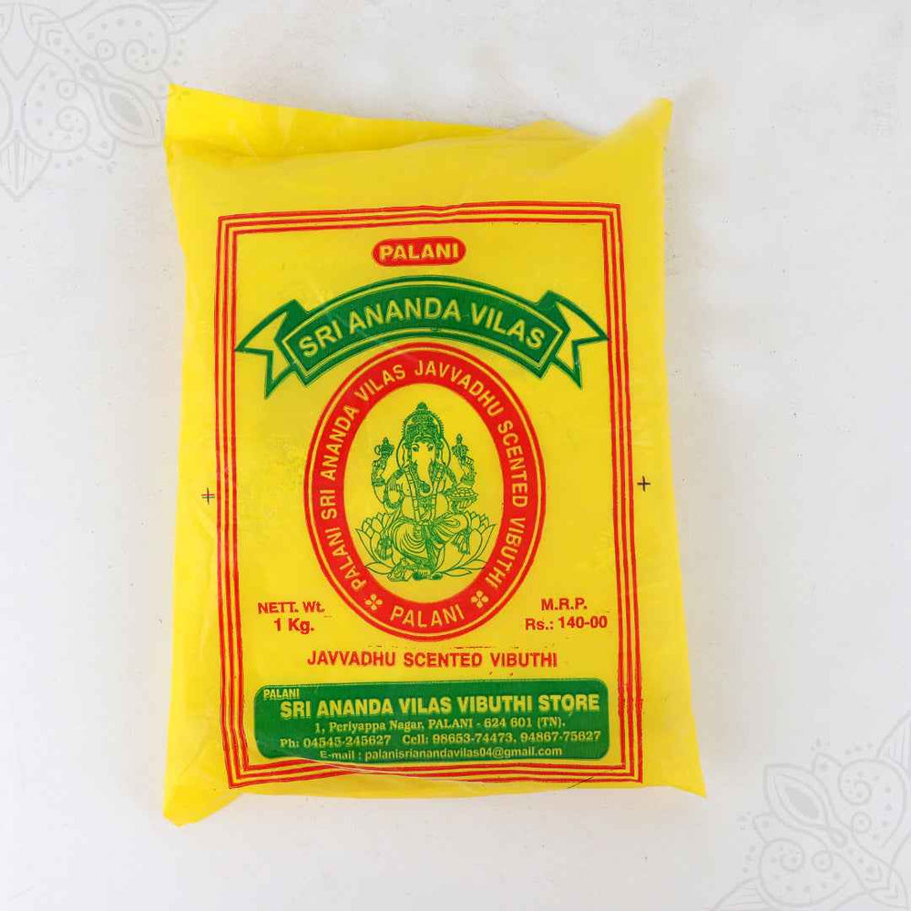 Anantha Vilas vibhuti pack 1 Kg in straight front facing view showing Ganesha image with red oval border for pooja use