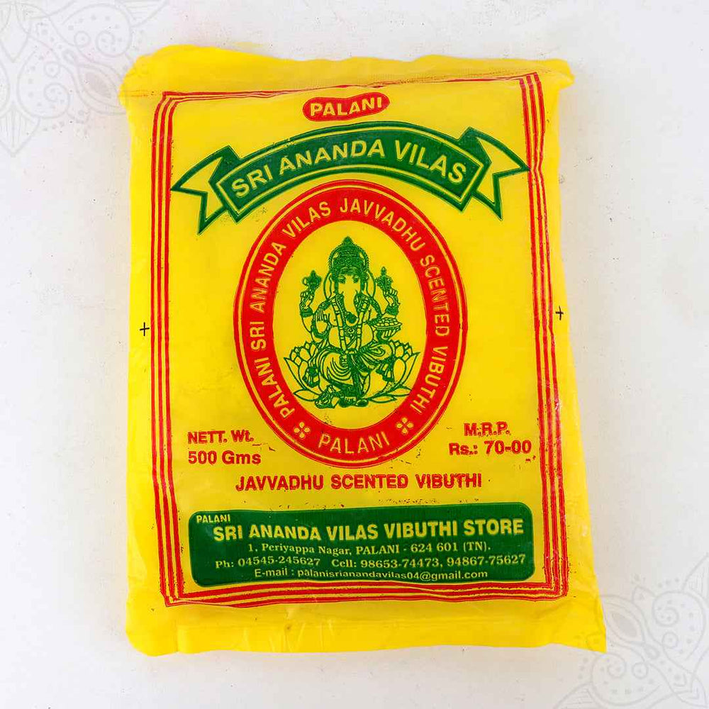Anantha Vilas vibhuti pack 500 gms in straight front facing view showing Ganesha image with green ribbon design for pooja