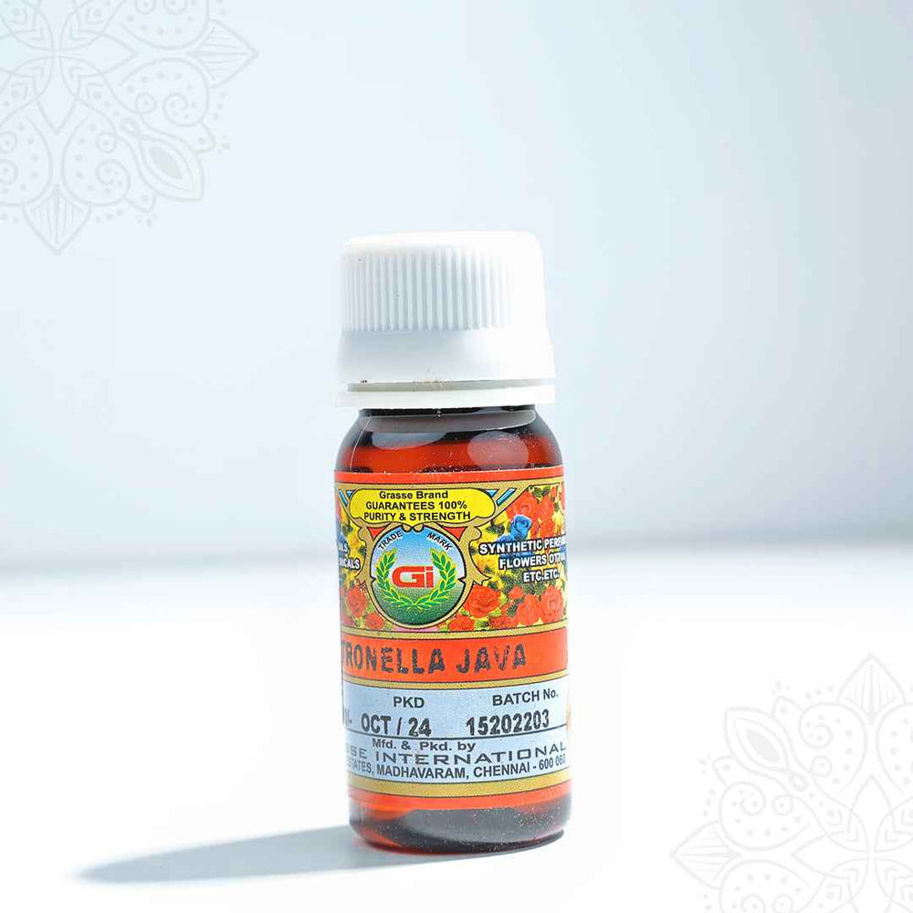 Citronella Java essence oil small bottle in a straight front-facing view showing Grass Brand label with floral print and white cap against a grey background