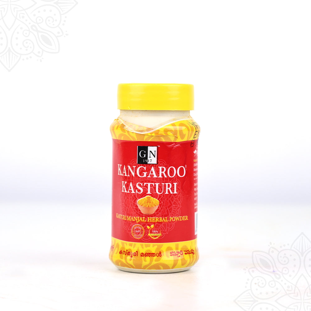 Kangaroo kasthuri manjal powder bottle slight right side angle view with red label for daily skincare use