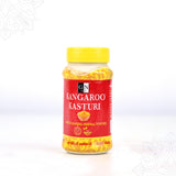 Kangaroo kasthuri manjal powder bottle slight right side angle view with red label for daily skincare use