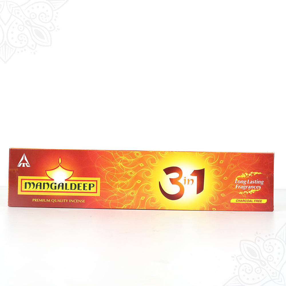 Mangaldeep 3in1 agarbatti charcoal free incense sticks red box shown in slight left angled side view against white backdrop.