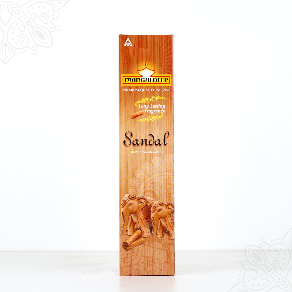 Front view of Mangaldeep sandal agarbatti box with elephant print on brown wood finish pack against white background