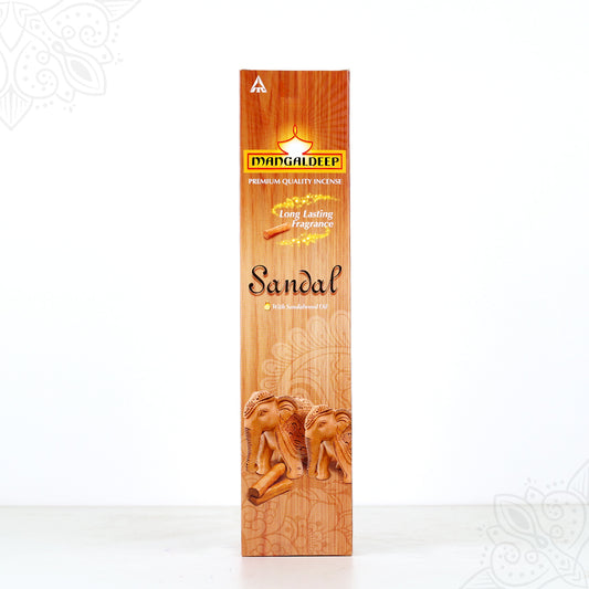 Front view of Mangaldeep sandal agarbatti box with elephant print on brown wood finish pack against white background