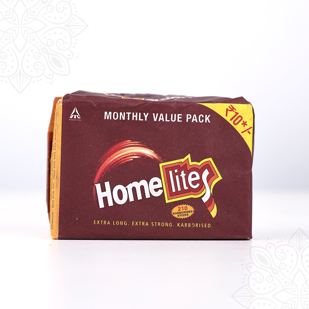 Homelites matchbox monthly value pack straight front view showing 210 karborised sticks for daily pooja