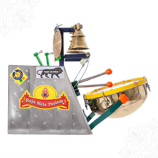 Raja Mela Thalam melam model1 hd brass percussion set in 3/4 left angle view with bell cymbal and drum on metal stand made in India