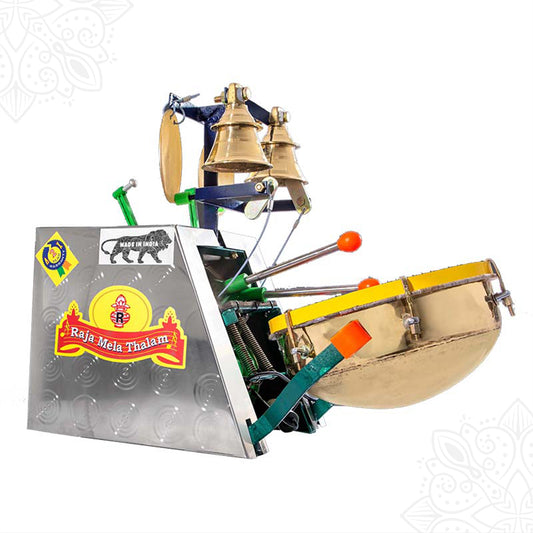Raja Mela Thalam temple melam machine with bells and drum unit shown in slight left angled view against white backdrop.