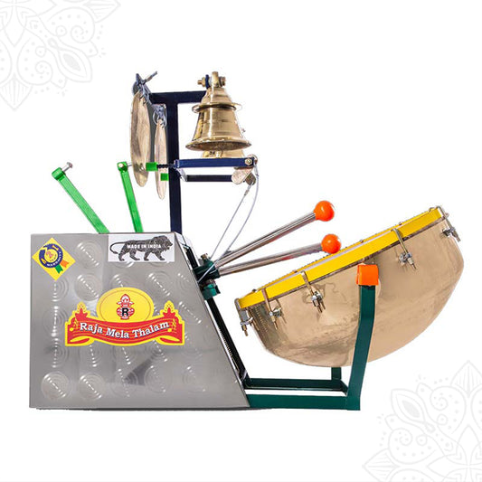 Melam model 3 slight left side view with drum bell and cymbal set on metal stand with Raja Mela Thalam label for temple festival use