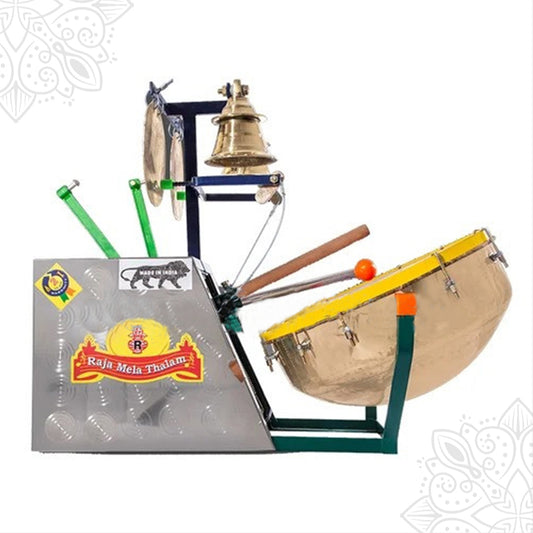 Melam model 4 hop slight left side view with drum bell and cymbal set on a metal stand for temple and festival devotional use