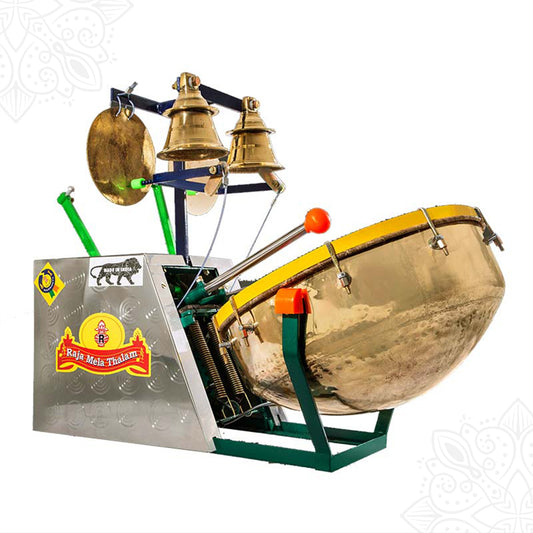 Melam model 5 HD slight right side view with large drum two bells and cymbal on metal stand with Raja Mela Thalam label for temple use