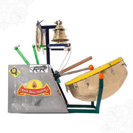 Melam model 6 hop slight right side view with drum bell and cymbal on metal stand with Raja Mela Thalam label for temple festival use
