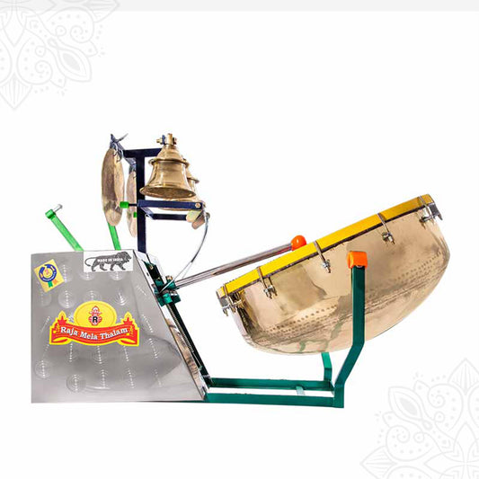 Raja Mela Thalam temple melam machine with single bell and large drum on green stand in slight right angled view against white backdrop.