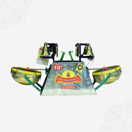 Front view of Raja Mela Thalam 10 inch melam model with two drums and bells on a metal stand against grey background