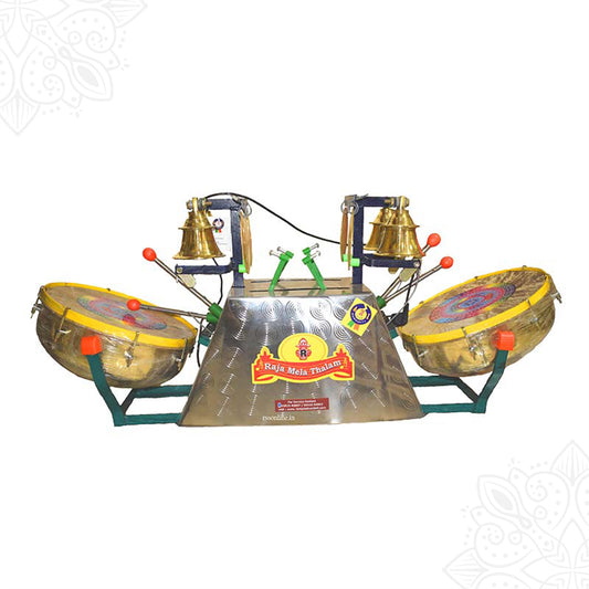 Electric melam machine with twin drums and bells on mounted base, automatic temple instrument, straight front facing view