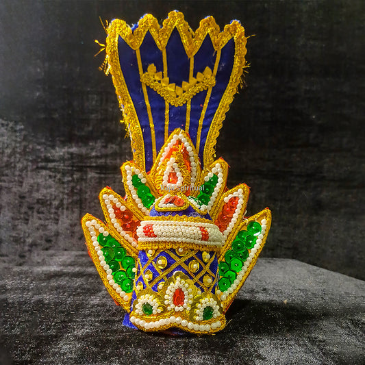 Blue and gold muthangi naga giridam crown with pearl beadwork straight front view for deity decoration