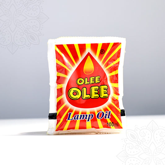 Olee lamp oil 100ml pouch with red and yellow packaging straight front view for daily pooja lamp use