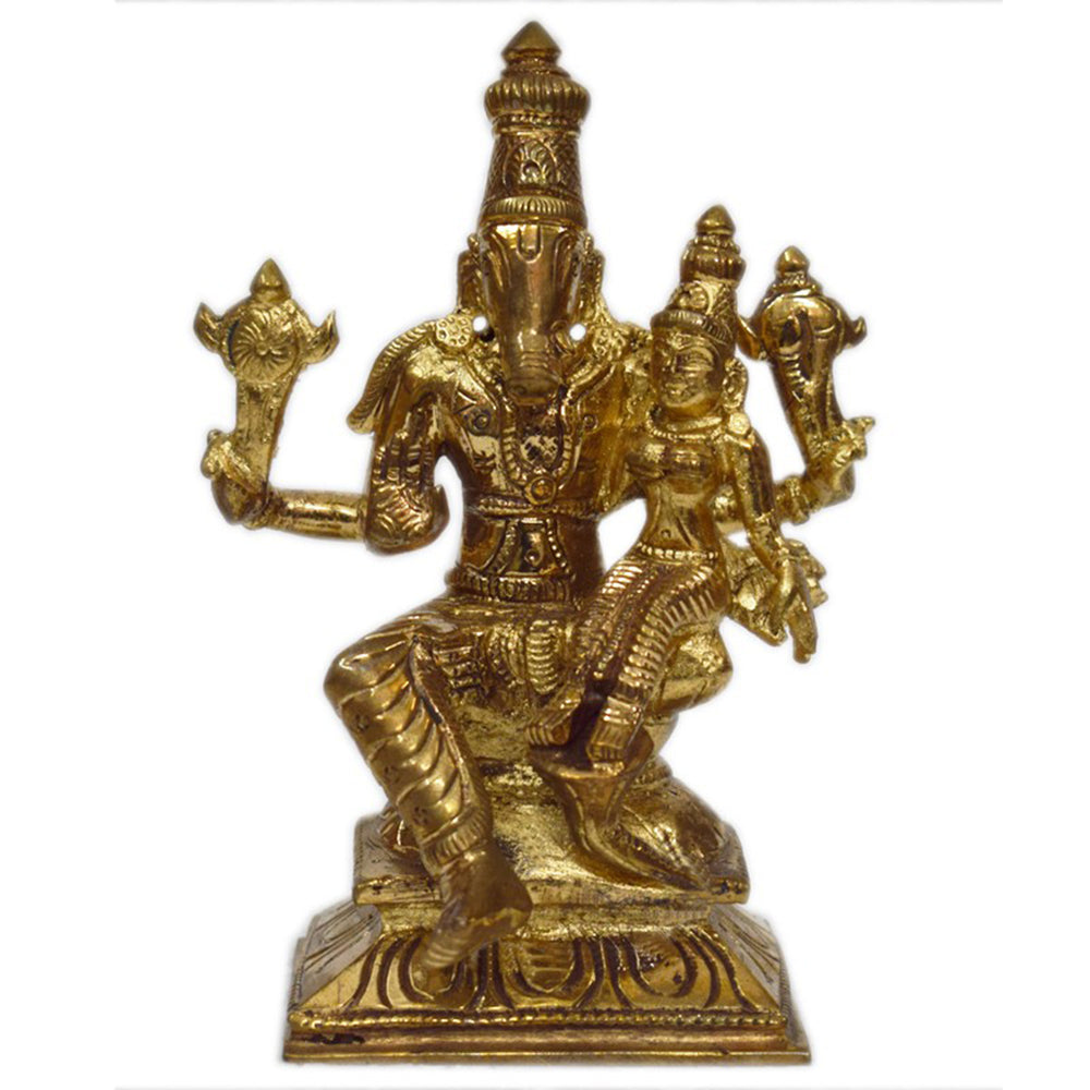 Panchaloga Hayagriva Lakshmi seated together on pedestal base, both hands raised, straight front facing view