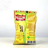 Tiger Brand shikakai soapnut powder green pack showing back label with ingredients and barcode in straight front view against white backdrop.