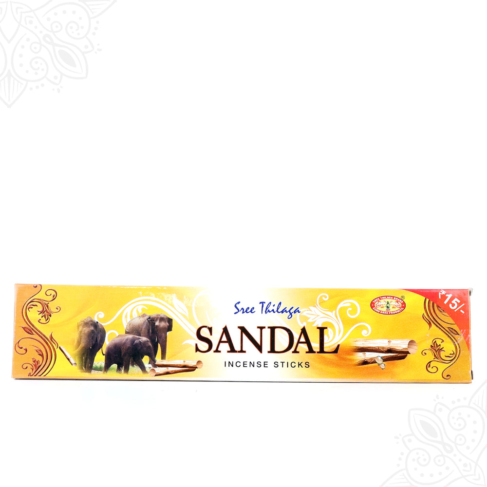 Sree Tilaga sandal agarbatti incense sticks yellow box with elephant and sandal wood design, straight front view on white background