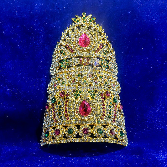 Stone half giridam lotus giridam front view tiered bell shape large pink teardrop gems white stones and green emerald accents
