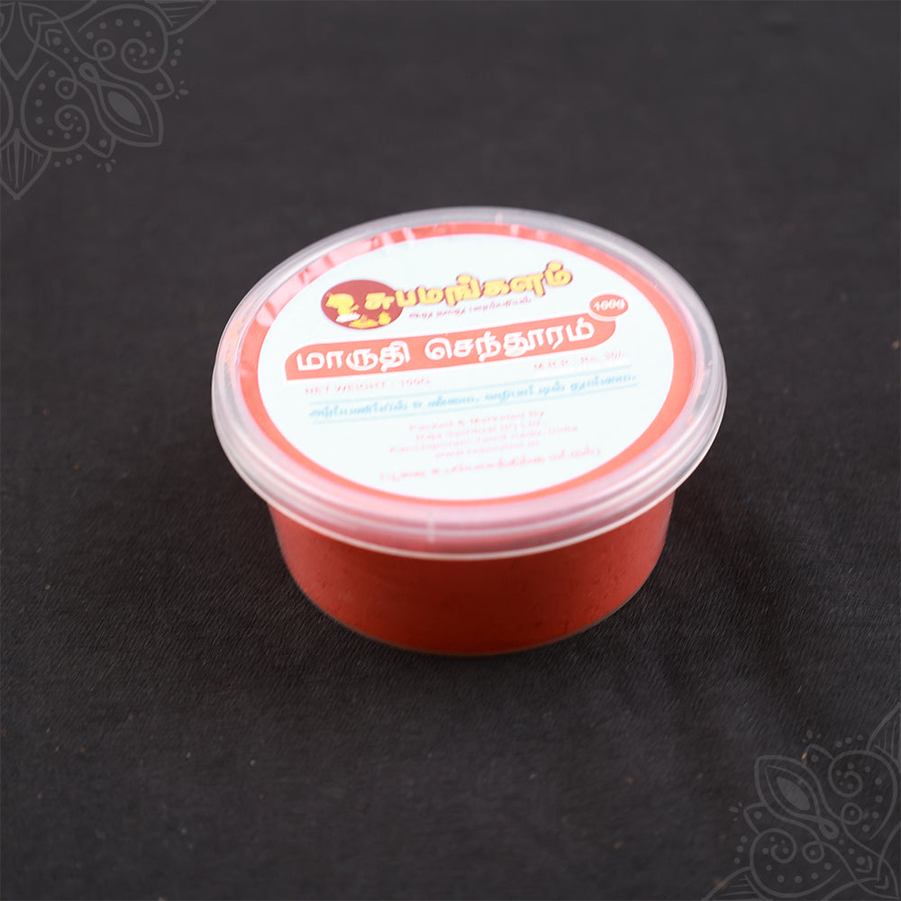 Subamangalam senthuram powder 100g tub slight right angle view showing red powder and label