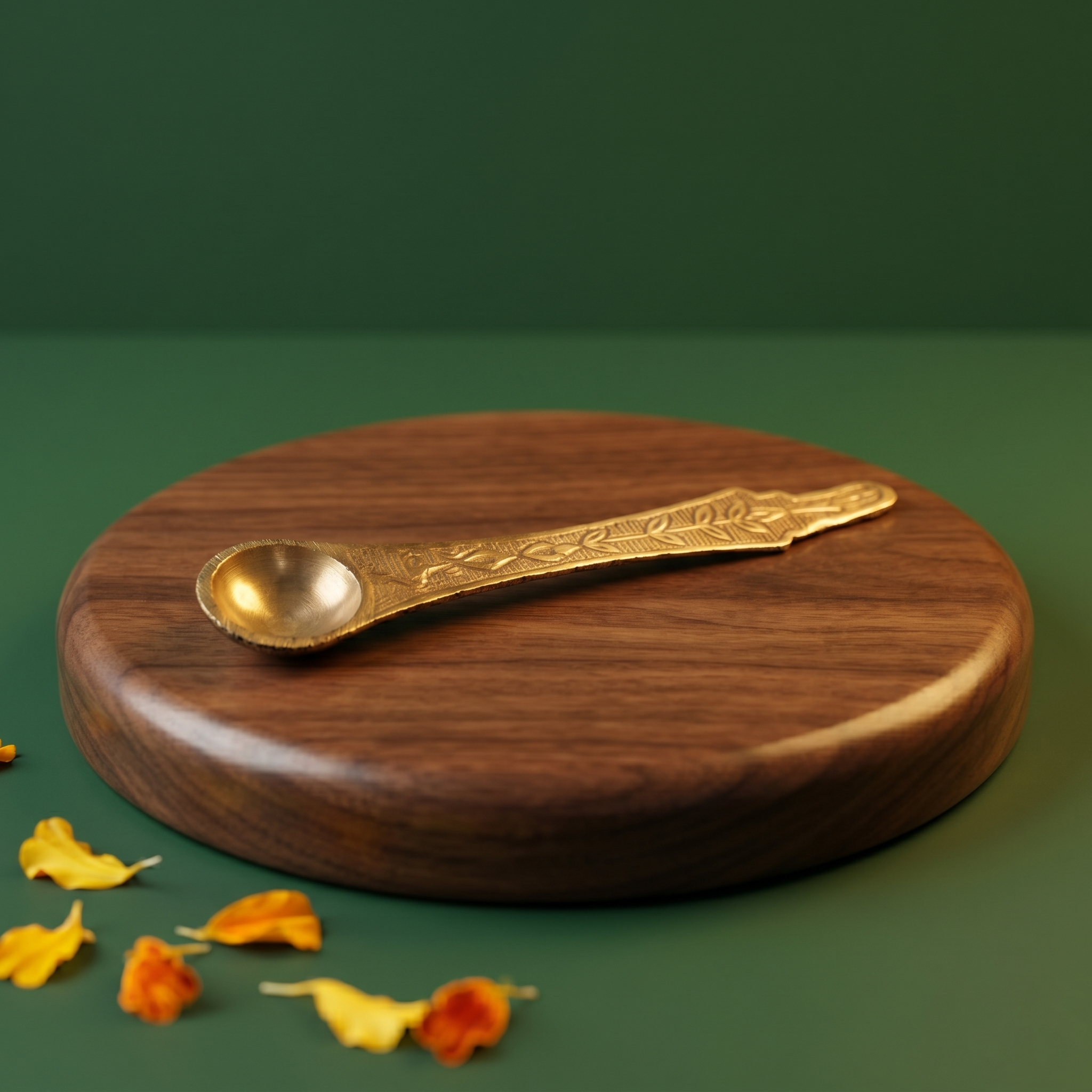 Brass Uthrani spoon with engraved floral handle placed flat on a wooden plate with scattered yellow and orange petals against a green background.