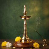 Nilavilakku Kerala floor lamp in straight front view on wooden base with incense stick and yellow white flowers against green backdrop