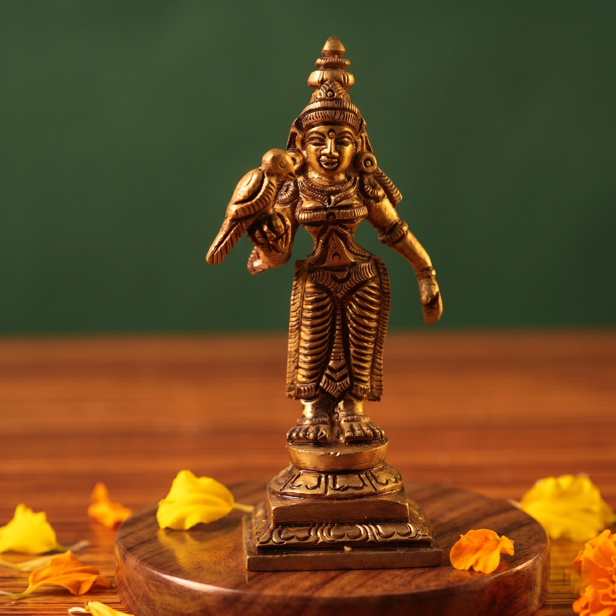 Brass Meenakshi idol in a straight front-facing standing pose holding a parrot, on a wooden platform with marigold petals, green backdrop.
