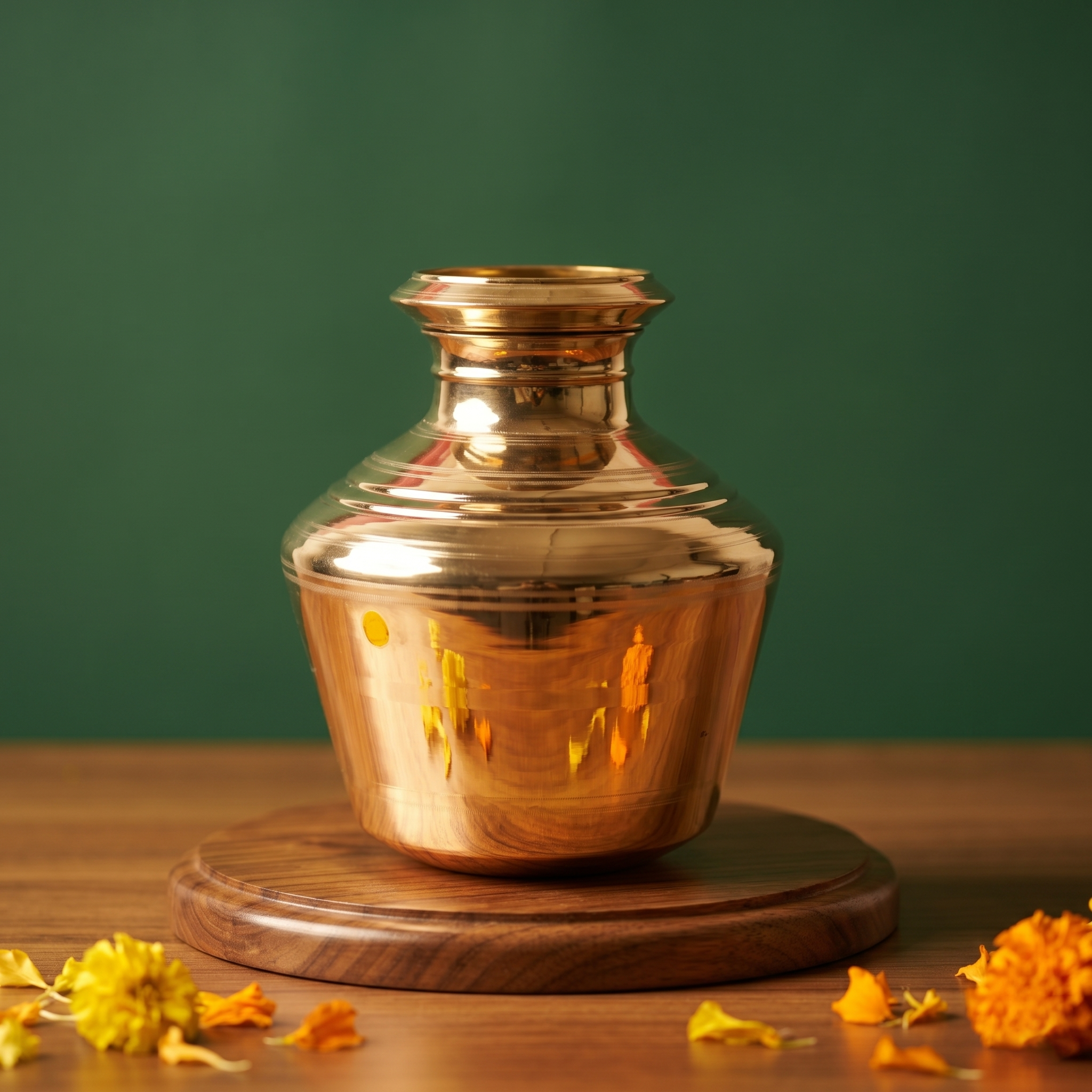 Brass Kalash Kodam in front view with tall polished round body and wide neck with yellow and orange marigolds on a wooden plate.