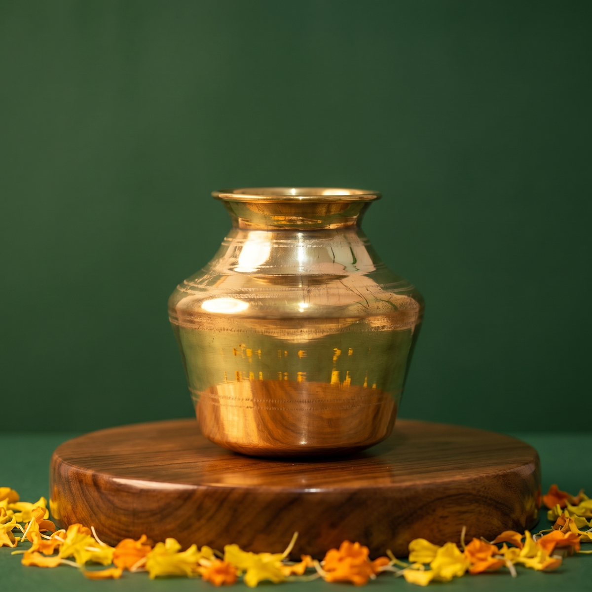Special Sombu in straight front view on a raised wooden base with marigold petals around on a green surface against a green backdrop