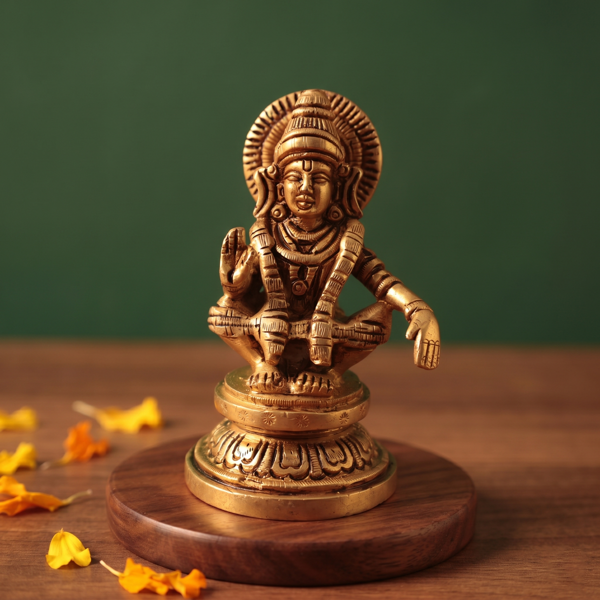 Brass Ayyappan idol seated in front-facing position, raising hand in blessing gesture, on lotus pedestal, wooden surface, green backdrop.
