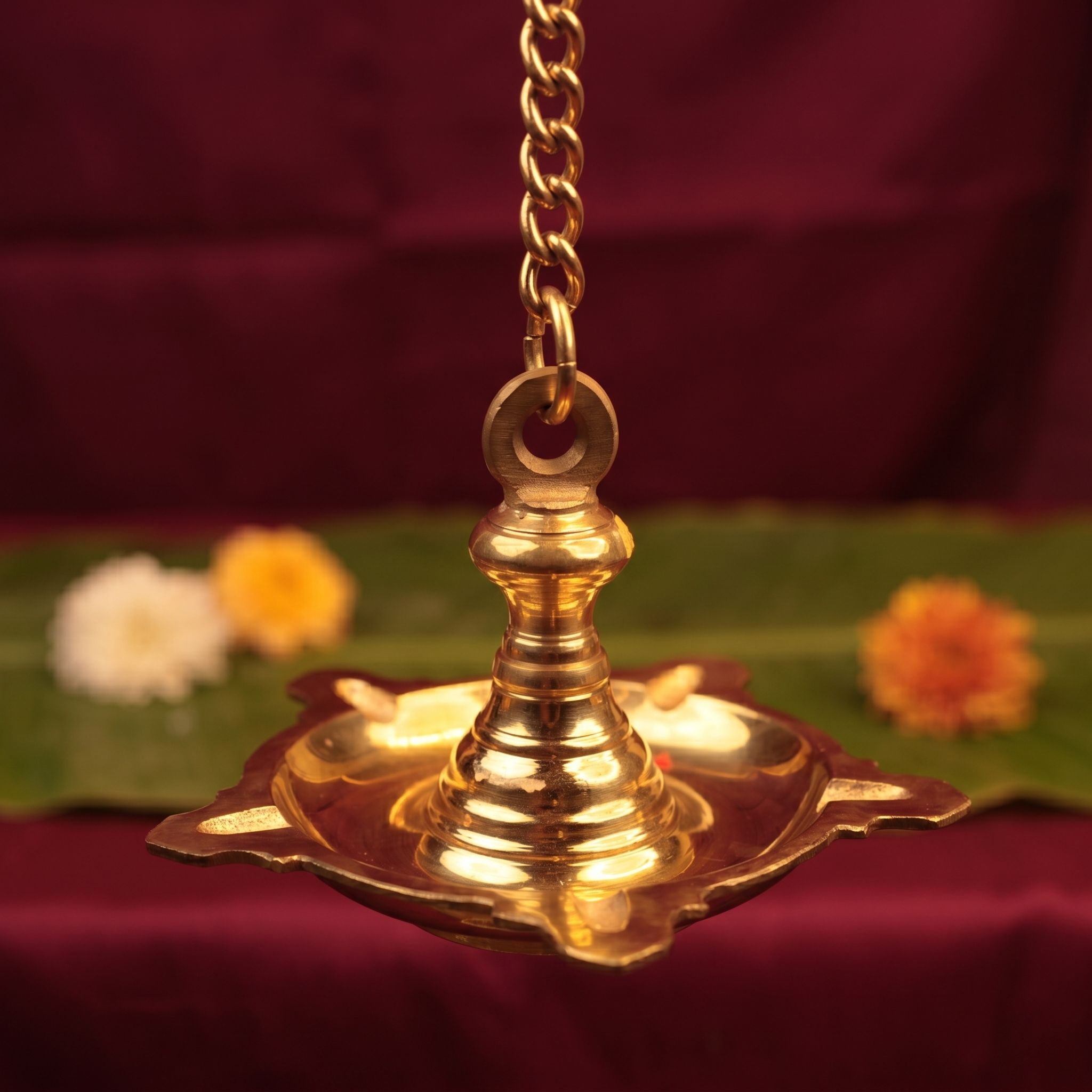 Thookku Vilakku hanging lamp with chain and scalloped base in close-up top-angle view with flowers on a banana leaf against a maroon backdrop