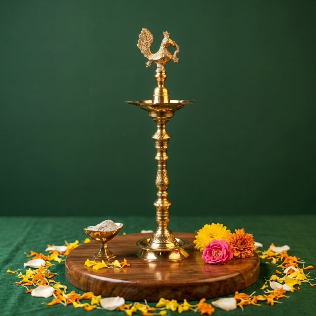 Peacock Kuthu Vilakku with left-facing peacock in front view on wooden base with vibhuti diya and colourful flowers against green backdrop