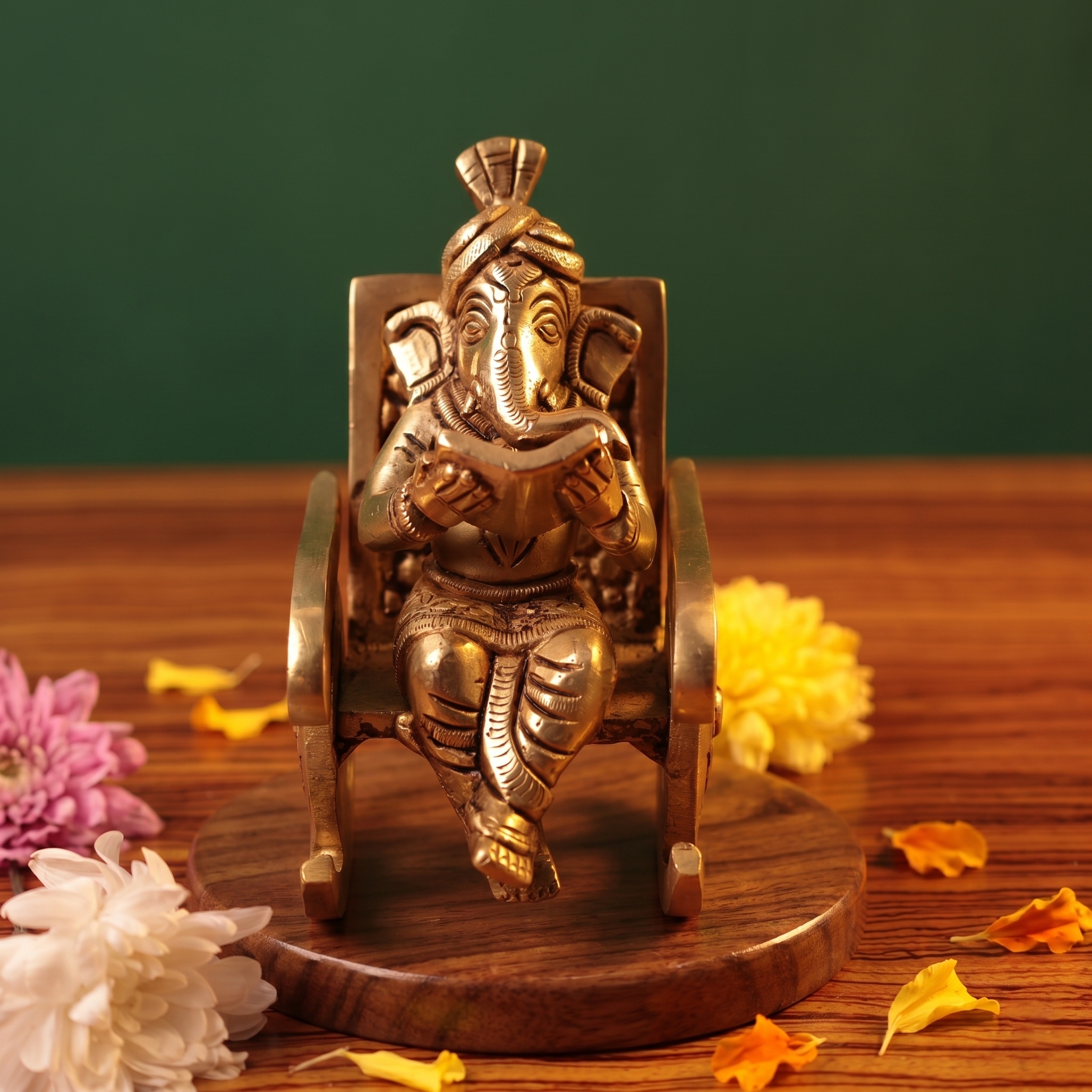 Brass Ganesh idol in straight front-facing pose, seated on a rocking chair reading a book, on a wooden platform with flowers, green backdrop.
