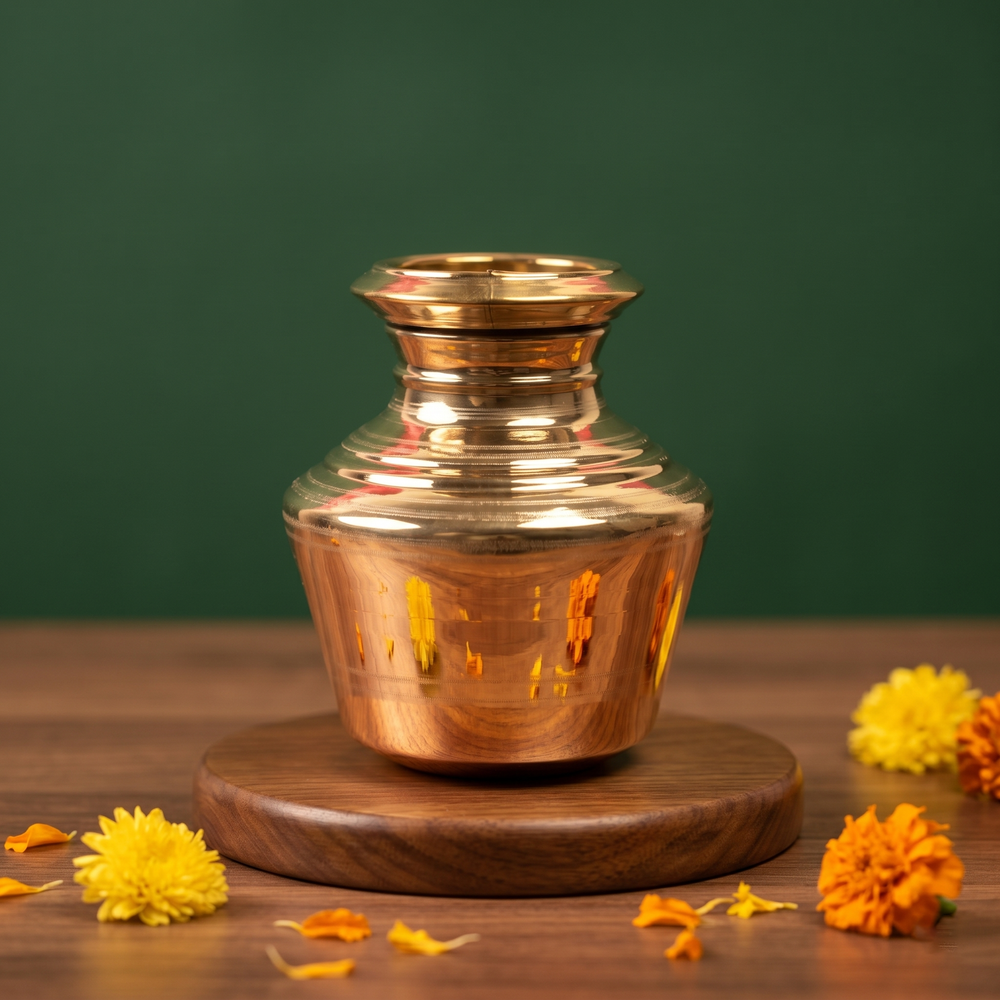 Brass Kalash Kodam in front view with polished round body and narrow neck with yellow and orange marigolds on a wooden plate.
