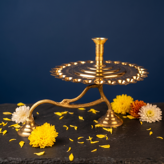 Traditional vilakku with a round multi-wick plate and raised central lamp shown with flowers